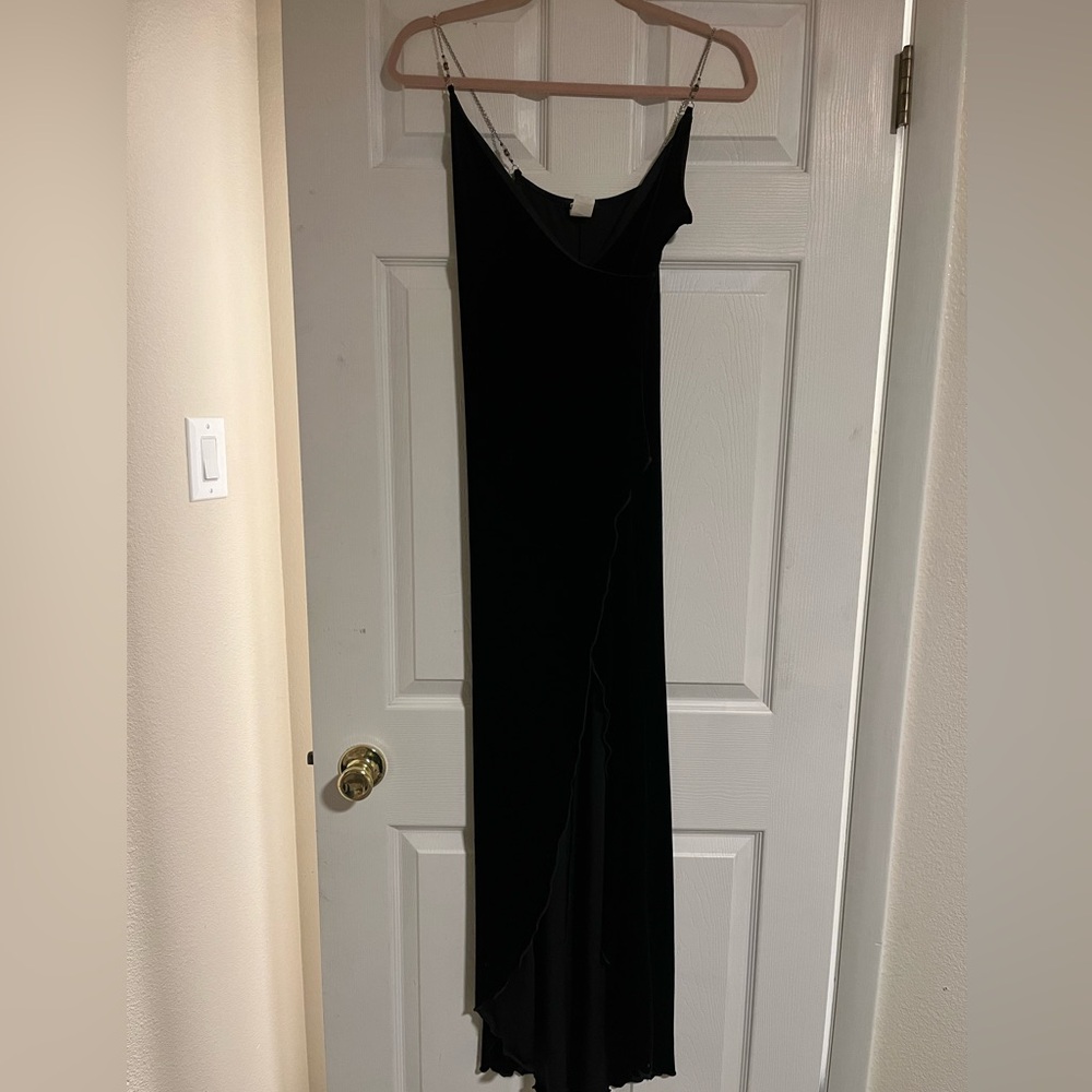 Black velvet maxi length dress with beaded straps